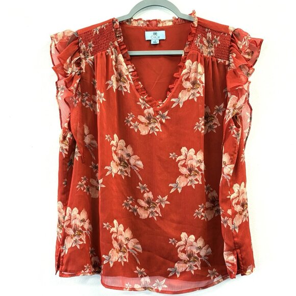 CeCe Womens Red Blouse Ruffled Neck Short Flutter Sleeve Size 1X Lined Feminine - Picture 1 of 10